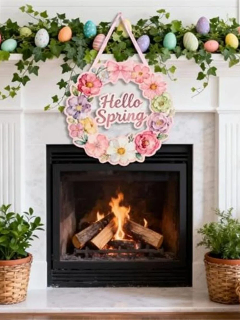 Wooden Spring Wreath with Hollow Floral Design 12 Inch Easter Welcome Sign